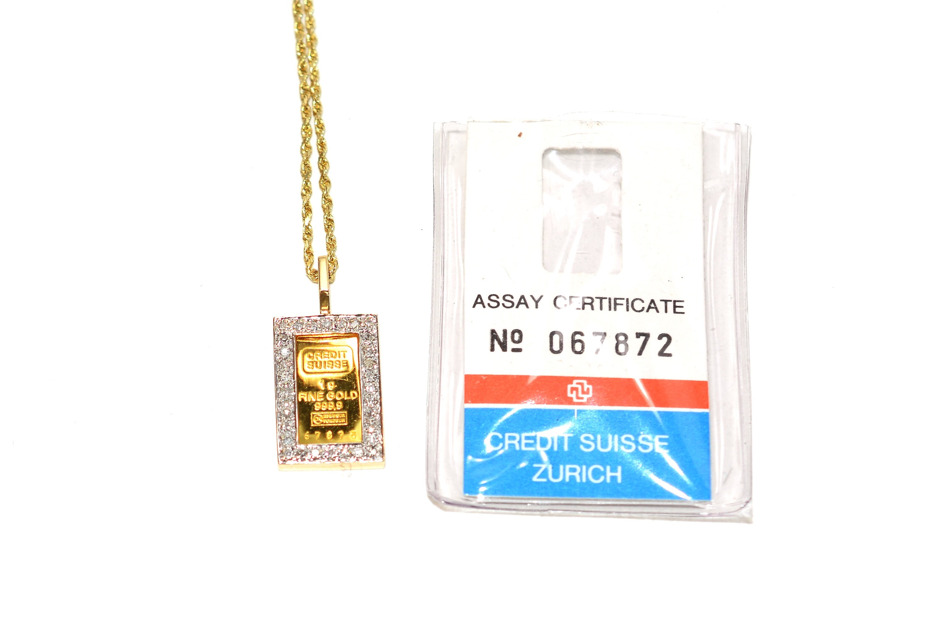 Credit Suisse 1g Gold Bar Coin Necklace 14K Solid Gold 0.32tcw Diamond Necklace Pendant Necklace Coin Necklace Coin Pendant Ingot Necklace