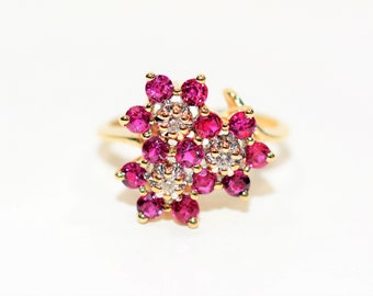 Natural Ruby & Diamond Ring 14K Solid Gold .87tcw Ruby Ring Flower Ring Ladies Ring Gemstone Ring Cluster Ring  Womens Ring Red Ring Jewelry