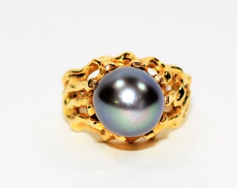 Natural Tahitian Pearl Ring 18K Solid Gold 10mm Black Pearl Ring Vintage Ring Cocktail Ring June Birthstone Ring Solitaire Ring Estate Ring