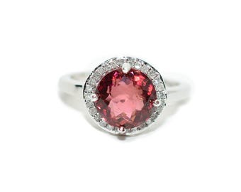 Natural Rubellite & Diamond Ring 10K Solid White Gold 2.94tcw Engagement Ring Gemstone Ring Statement Ring Pink Tourmaline Birthstone Ring
