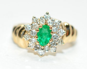 Colombian Emerald & Diamond Ring: 14K Gold Cluster Statement Ring