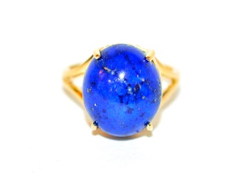 Natural Lapis Lazuli Ring Solid 14K Gold Blue Gemstone Antique Vintage Split Shank Estate Jewellery Crystal Ladies Blue Birthstone Solitaire