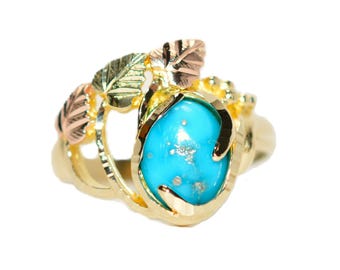Natural Turquoise Ring 10K Gold Black Hills Gold Ring Black Hills Dakota Ring Leaf Ring Nature Ring Boho Jewelry Estate Blue Gemstone