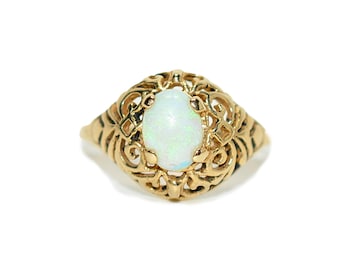 Natural Ethiopian Opal Ring 14K Solid Gold Filigree Ring Solitaire Gemstone Ring October Birthstone Ring Antique Ring Vintage Estate