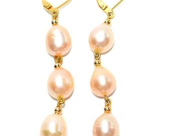 Natural Pink Pearl Earrings 14K Solid Gold Earrings Dangle Drop Earrings Statement Earrings Cocktail Earrings Vintage Estate Jewelry October