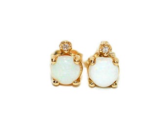 Natural Ethiopian Welo Opal & Diamond Earrings 14K Gold .02tcw Earrings Statement Earrings Stud Earrings Vintage Earrings Estate Jewelry