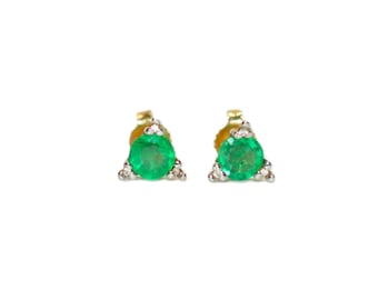 Natural Colombian Emerald & Diamond Earrings 14K Solid Gold .94tcw May Birthstone Earrings Stud Earrings Vintage Earrings Statement Earrings
