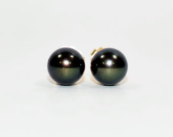 Natural Black Tahitian Pearl Earrings 14K Solid Gold Earrings Solitaire Earrings Ball Earrings Stud Earrings Vintage Estate Women's Earrings