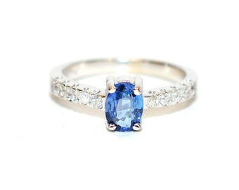 Natural Ceylon Sapphire & Diamond Ring 10K Solid White Gold 1.11tcw Sri Lankan Sapphire Engagement Ring Bridal Jewelry Fine Estate Jewellery