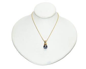 Natural Black Tahitian Pearl & .05tcw Diamond Necklace 14K Solid Gold Black Pearl Pendant Necklace Ladies Vintage Estate Jewelry Birthstone