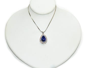 GIA Certified D'Block Tanzanite & Diamond Pendant Necklace 3.20tcw 14K White Gold Box Chain Vintage Estate Jewelry