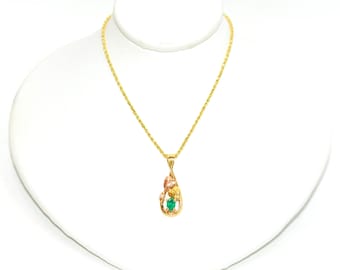 Natural Colombian Emerald & Diamond Necklace 10K Solid Gold .22tcw Gemstone Necklace Black Hills Gold Necklace Vintage Estate Jewelry