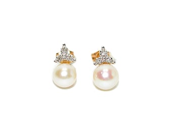 Natural Akoya Pearl & Diamond Earrings 14K Solid Gold .06tcw Cluster Earrings Stud Earrings Pearl Earrings Statement October Birthstone