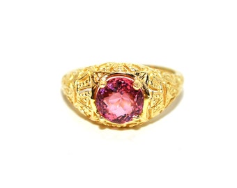 Natural Pink Tourmaline Ring 10K Solid Gold 1.96ct Solitaire Ring Birthstone Ring Cocktail Ring Filigree Ring Pink Ring Vintage Ring Estate