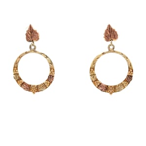 10K Black Hills Gold Dangle Earrings: Tri-Color Leaf Vine Hoops