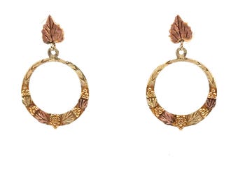 Black Hills Gold Earrings 10K Gold Dangle Drop Circle Earrings Tri-Color Earrings South Dakota Earrings Vintage Estate Earrings Hoops