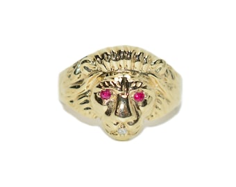 Natural Ruby & Diamond Ring 10K Solid Gold .13tcw Lion Ring Statement Ring Mens Ring Cocktail Ring Vintage Estate Jewelry Animal Jewellery