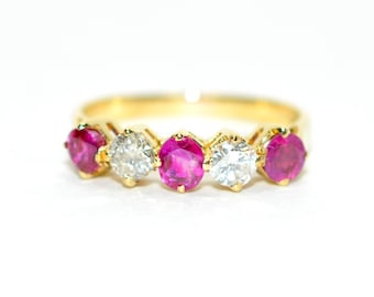 Natural Ruby & Diamond Ring 18K Solid Gold 1.16tcw Ruby Band Cluster Vintage Estate Jewellery Fine Jewelry Birthstone Ring Diamond Band Ring
