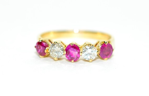 18K Gold Ruby and Diamond Ring: Vintage Cluster B… - image 1