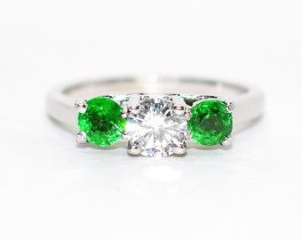 Natural Tsavorite Garnet & Diamond Ring 14K Solid White Gold Platinum 1.11tcw Gemstone Estate Jewelry Jewellery Three-Stone Ring Neon Green
