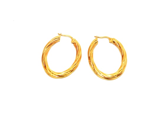 14K Solid Gold Hoop Earrings: Chunky Elongated Vintage Estate Jewelry