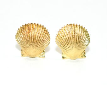 14K Solid Gold Earrings Seashell Earrings Stud Earrings Beach Nautical Coastal Jewelry Mermaid Earrings Statement Earrings Vintage Estate