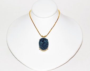 Natural Druzy Necklace 14K Solid Gold 12ct Pendant Necklace Solitaire Necklace Statement Necklace Vintage Jewelry Crystal Necklace MILOR