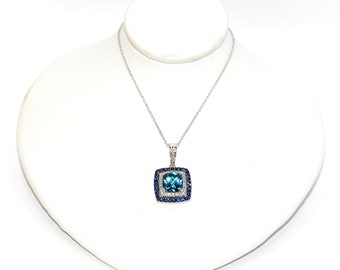 LeVian Natural Swiss Blue Topaz & Sapphire Necklace 14K Solid White Gold 3.32tcw Diamond Necklace Topaz Pendant Designer Statement Necklace