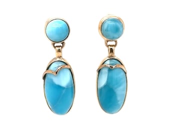 Natural Larimar Earrings 14K Solid Gold Earrings Dangle Drop Earrings Statement Earrings Cocktail Earrings Caribbean Blue Gemstones Estate