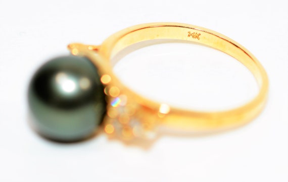 Natural Tahitian Pearl & Diamond Ring 14K Solid G… - image 5