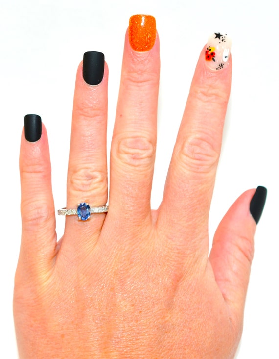 Natural Ceylon Sapphire & Diamond Ring 10K Solid … - image 2