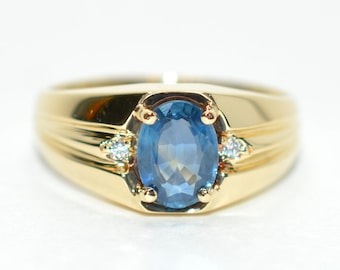Natural Ceylon Sapphire & Diamond Ring 10K Solid Gold 1.41tcw Mens Ring Blue Gemstone September Birthstone Ring Vintage Estate Gents Ring