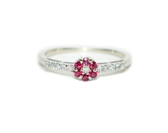 Natural Ruby & Diamond Ring 10K White Gold .29tcw July Birthstone Ring Flower Ring Vintage Estate Jewelry