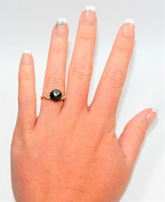 Natural Tahitian Pearl & Diamond Ring 14K Solid G… - image 2