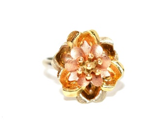 14K Solid Gold Ring Tri-Color Gold Rose Gold White Gold Flower Ring Floral Statement Estate Vintage Jewellery No Stone Made in Italy TriTone