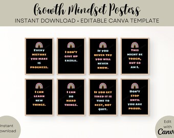 Carteles de aula de mentalidad de crecimiento, carteles de aula, decoraciones coloridas de aula, descarga instantánea IMPRIMIBLES + Canva editable