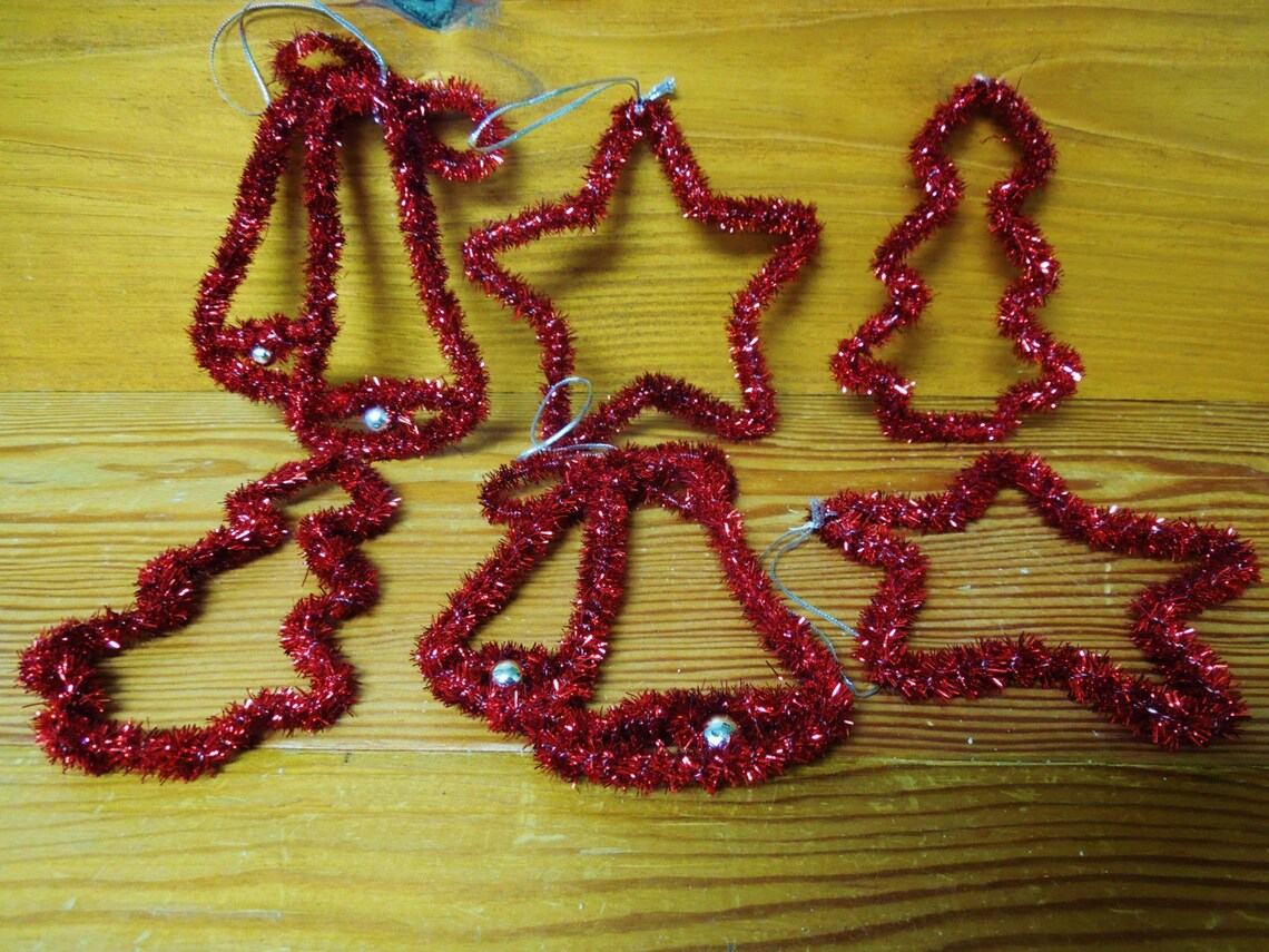VINTAGE Set of 6 Red Tinsel Wrapped Wire Ornaments Etsy