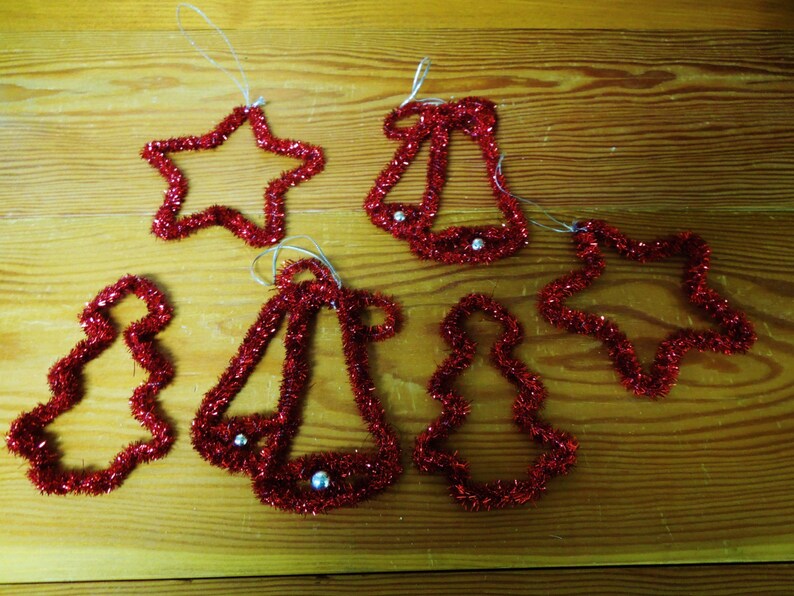VINTAGE Set of 6 Red Tinsel Wrapped Wire Ornaments Etsy