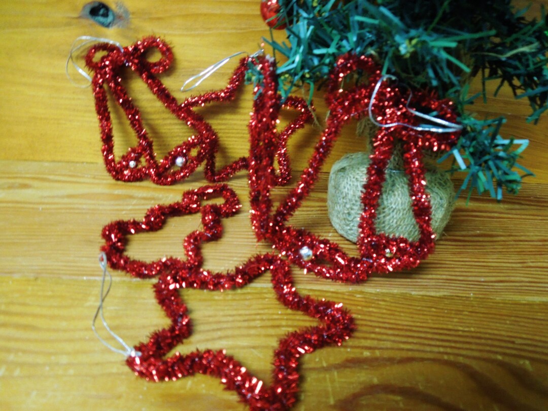 VINTAGE Set of 6 Red Tinsel Wrapped Wire Ornaments Etsy