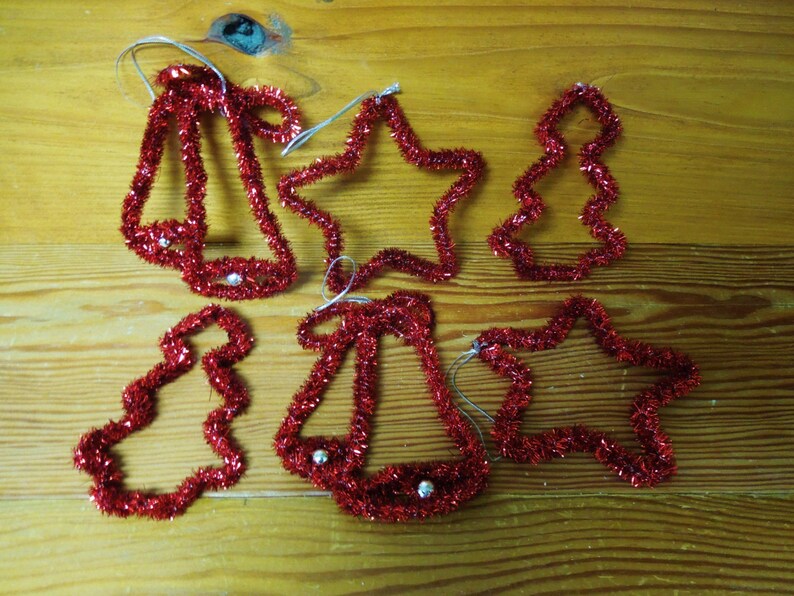 VINTAGE Set of 6 Red Tinsel Wrapped Wire Ornaments Etsy