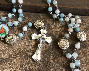 Gemstone Catholic Rosary: Sea Foam Stone, Silver Roses