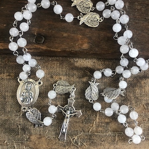 Moonstone Jade Catholic Rosary - Gemstone Rosary - Patron Saint Rosary