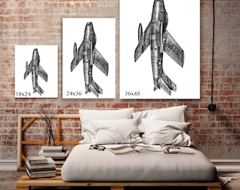 F-86 - Fighter aircraft - Industrial wall art - Atomic age - US military art - Military air force - Modern art prints - Machine age