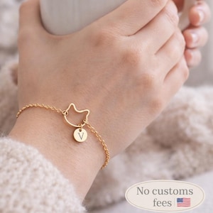 Cadeau Meilleure Amie Bracelet Chat Personnalisé Initiale Collier Disque Gravé Initiale Monogramme Chaîne Délicate Cadeaux Personnalisés