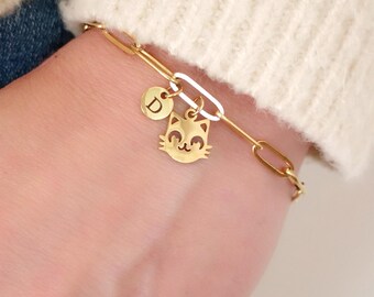 Personalized Cat Bracelet in Stainless Steel Charm Cat Bracelet Cat Mom Gift Initial Bracelet Mother's Day Gift Christmas Gift