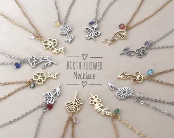 Flower Birth & Birthstone Necklace Personalized Birthday Gift Mother's Day Gift Grandma Gift Christmas Gift