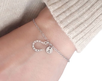 Personalized Bracelet or Necklace Horseshoe in Stainless Steel Initial Bracelet Horse Necklace Graduation Gift