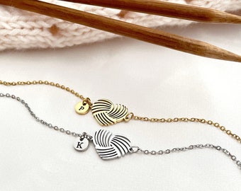 Personalized Bracelet for Knitter Heart & Wool Bracelet Custom Initial Bracelet Grandma Gift Knitting Jewelry