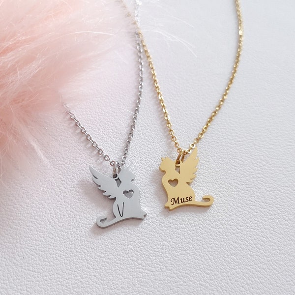 Collier Personnalisé Chat Ange Collier de Chat Collier Prénom Décès Animal Cadeau de Condoléance Cadeau Meilleure Amie