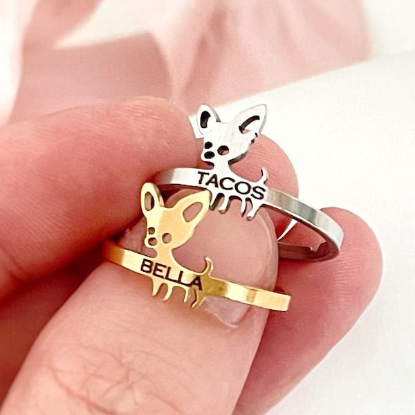 Bague Chihuahua Personnalisée Bague Chien Bijoux Nom Bijoux Commémoratifs Cadeau Maman Chihuahua Acier Inoxydable